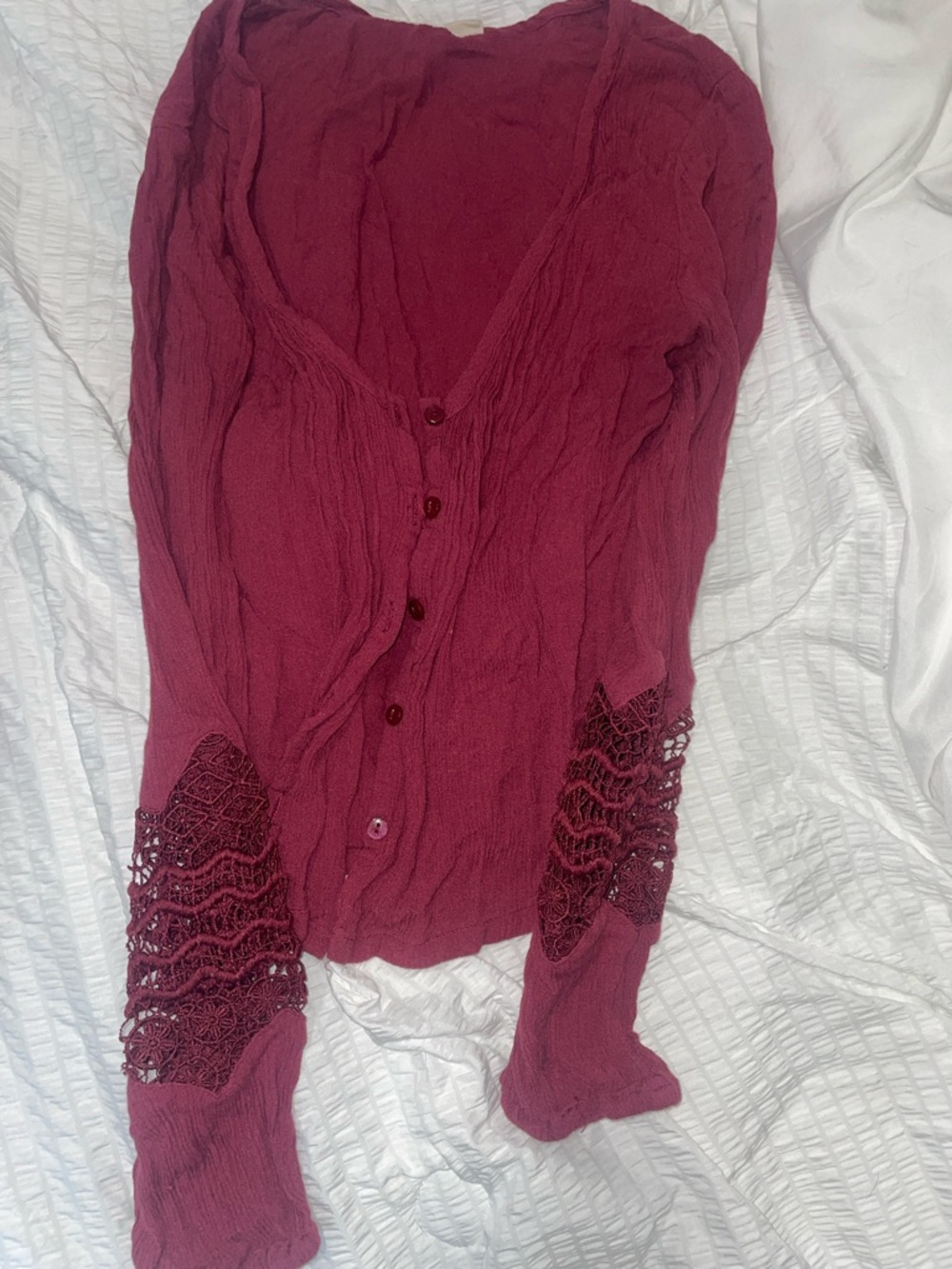 Berry Crochet Sleeve Button Front Cardigan